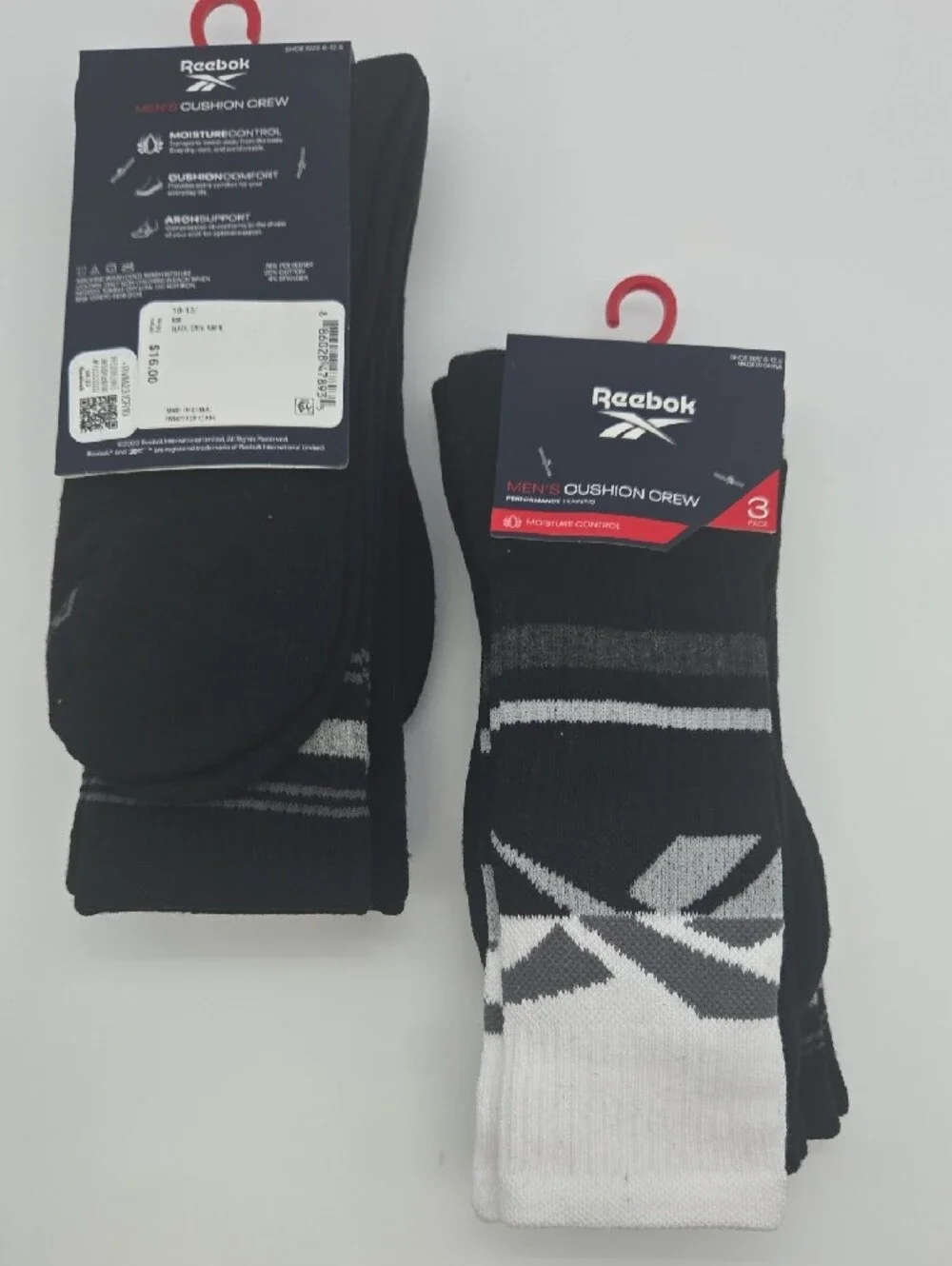 6 Pack Reebok Men's Black & White Athletic Cushion Crew Socks.